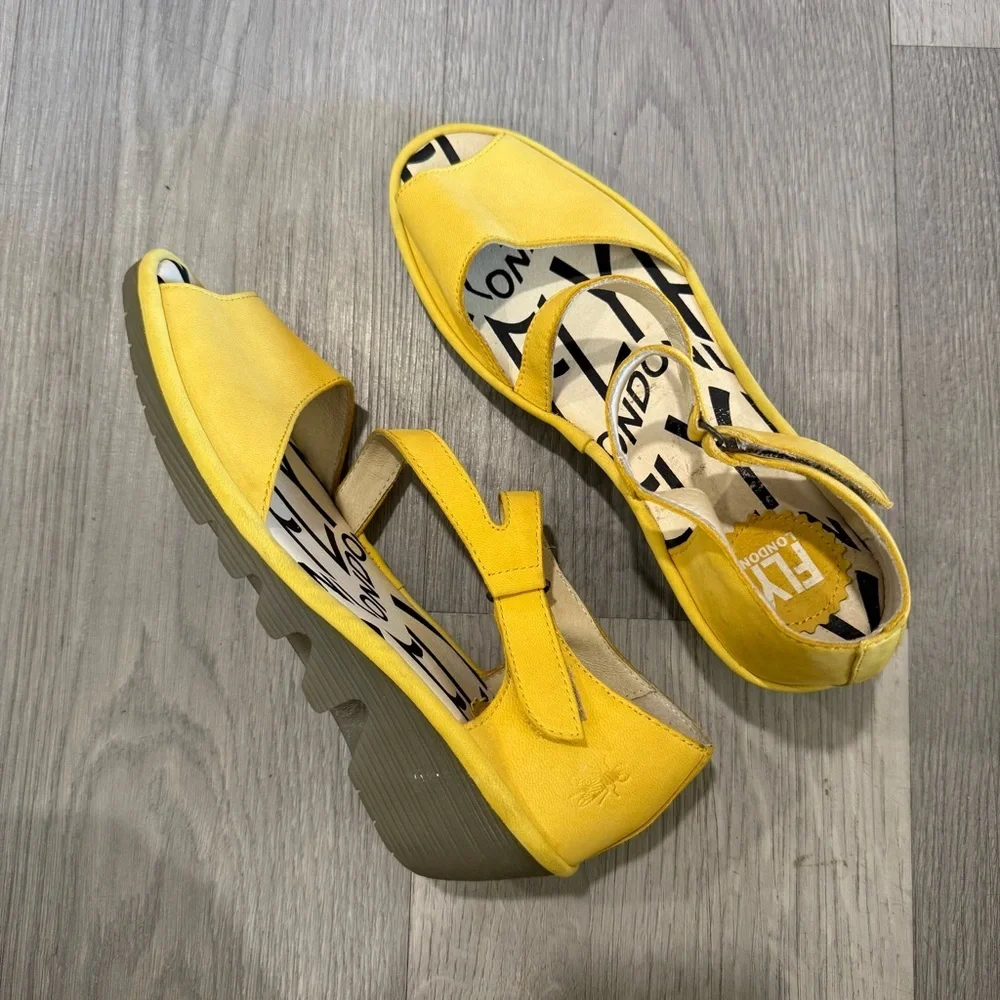 Fly London Yellow Strappy Wedge Sandals 37 / 7-7.5